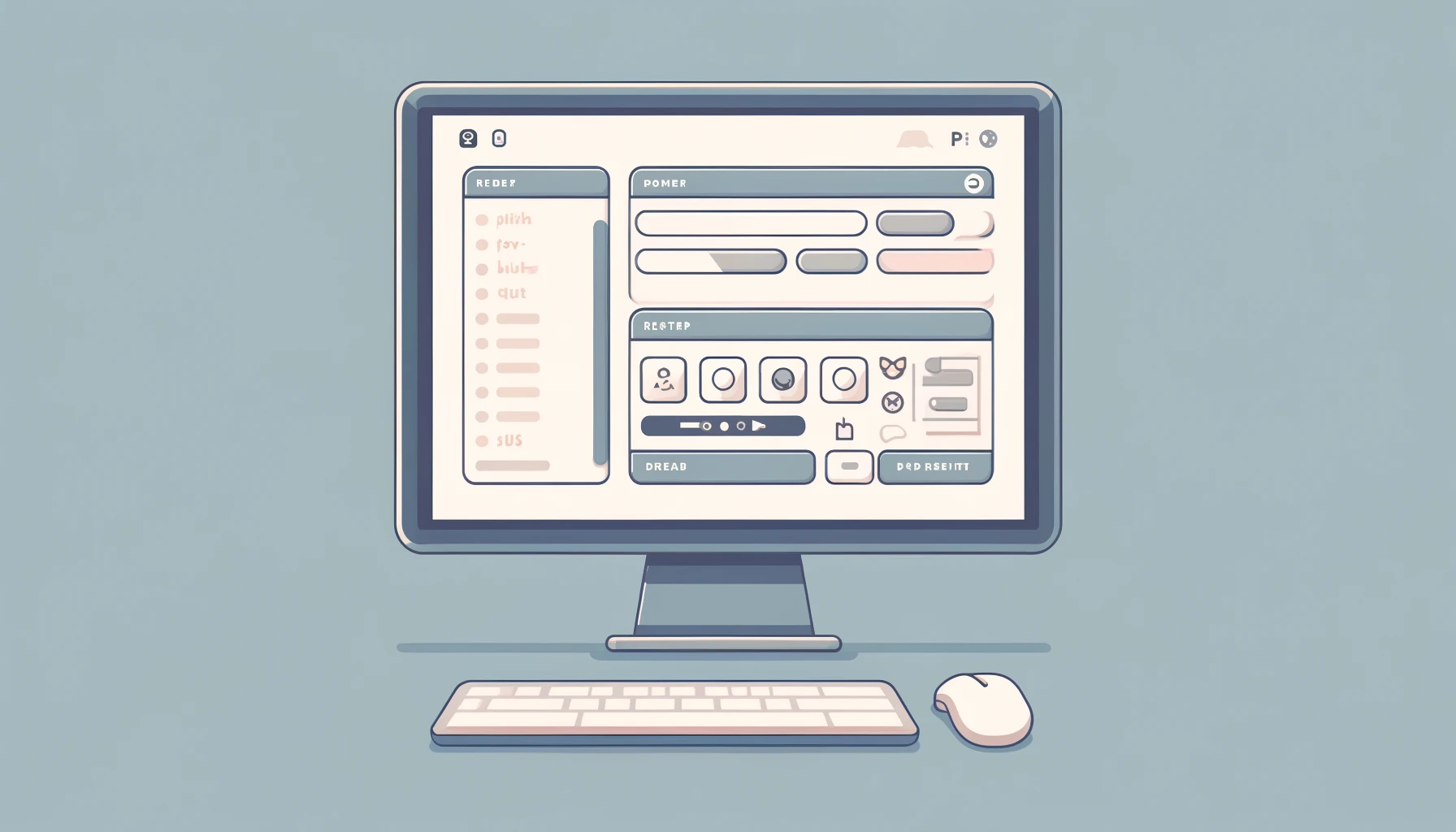 A minimalist, 2D flat illustration of a PHP form generator, featuring a sleek computer screen with a form builder interface displaying drag-and-drop elements like input fields, buttons, and checkboxes in soft, neutral colors